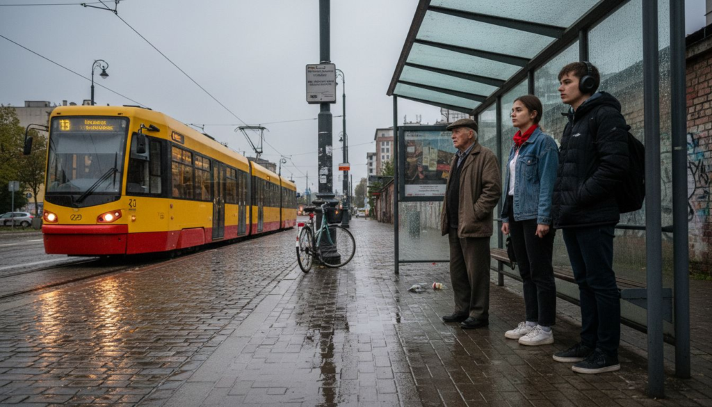 Mieszkańcy Łodzi czekają na tramwaj na mokrej od deszczu ulicy.