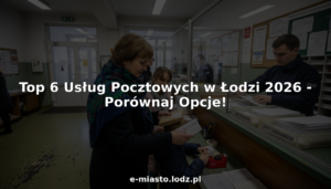 Widok zatłoczonej poczty w centrum Łodzi – gwar, kolejki i codzienne sprawy mieszkańców.